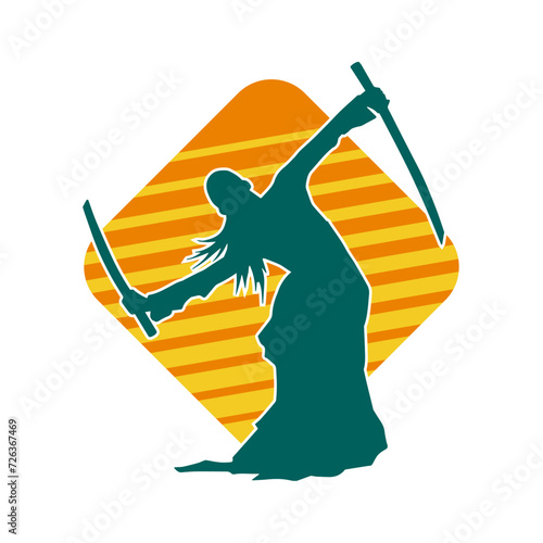 Silhouette of a female fighter in action pose carrying sword weapon.
