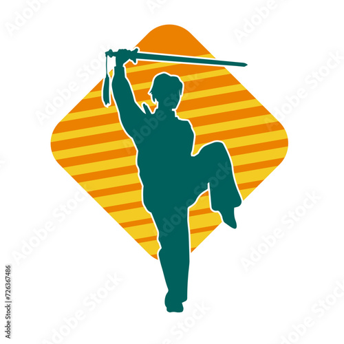 Silhouette of a female fighter in action pose carrying sword weapon.
