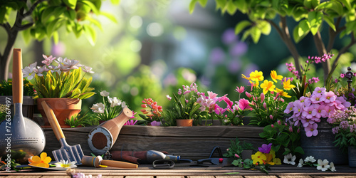 Gardening Tools and Assorted Spring and Summer Flowers on Wooden Surface photo