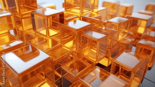 Orange and Yellow  Translucent Cubes Perfectly Constructed to create a Futuristic Tech Background. 3D Render. generative  ai.