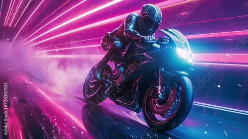 A motorcyclist rides fast in neon lights. © Nikolay