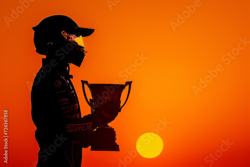 Silhouette of a racing driver holding a trophy against a sunset.