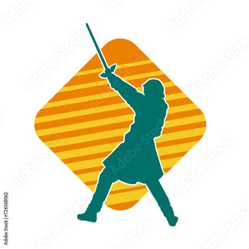 Silhouette of a female fighter in action pose carrying sword weapon.