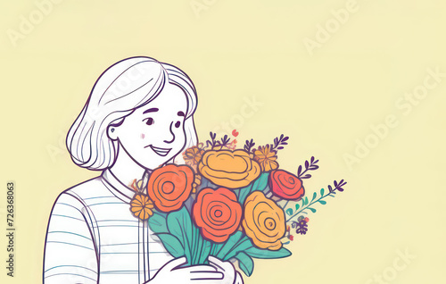 Mother? woman with a bouquet of flowers on a plain background