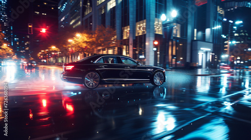 A luxury sedan driving through a rain-soaked city street at night. © Melvin