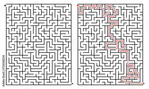 Vertical labyrinth. A hard puzzle game for the brain exercise. Black and white vector illustration. Maze on a white background with a solution