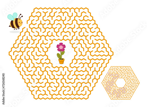 Hexagonal labyrinth. Maze game for kids. Help the bee find the way to the flower. Brain teaser for kids