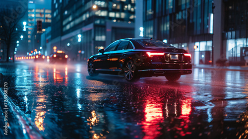 A luxury sedan driving through a rain-soaked city street at night.