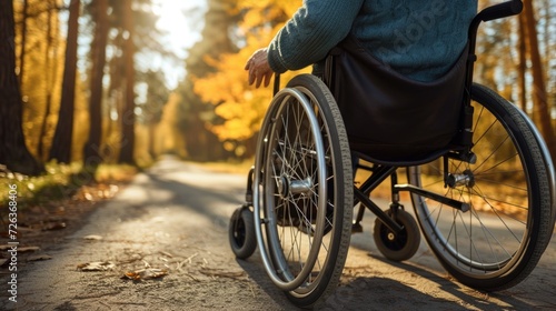 A senior citizen with mobility aids enjoying a nature walk in a park