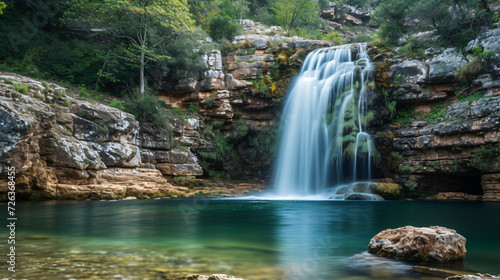 A majestic waterfall cascading over rugged cliffs into a serene pool below.