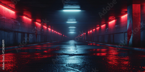 Red Lit Underground Tunnel with Reflective Wet Road