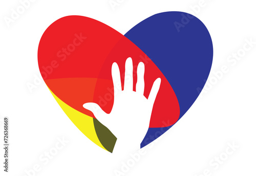 An Open hand on a colorful abstract heart. Editable Clip Art.