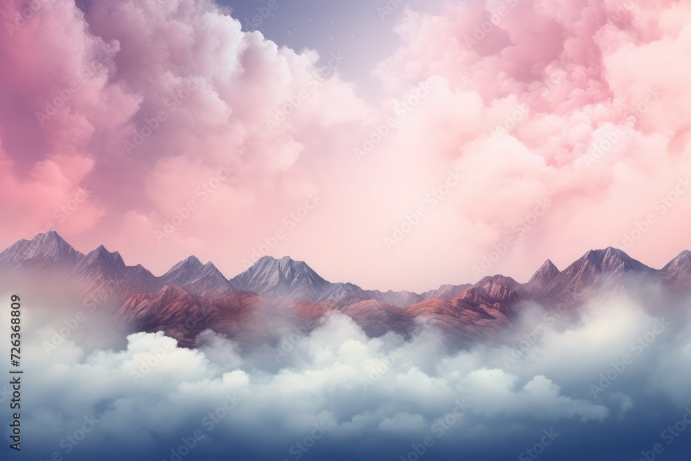 Beautiful pink sky clouds over mountain during sunset or sunrise. High Angle View. View on Mountains. Mountain Sky and Land Landscape.