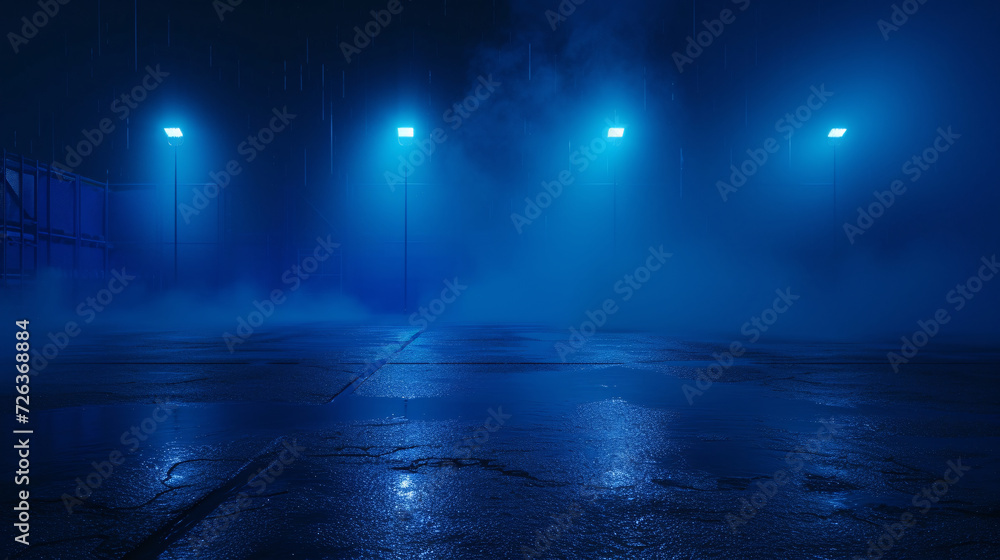 Night Rain on Wet Road Under Streetlights with Blue Mist Night Rain on Wet Road Under Streetlights with Blue Mist