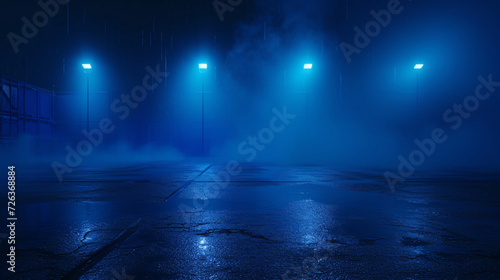 Night Rain on Wet Road Under Streetlights with Blue Mist