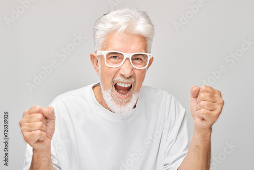 Portrait of boss screaming with anger, freaking out, breakdown on white background. Depression, uncertainty, nervous stress concept.