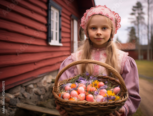 Typical Easter clothes for girls, brightly colored long skirts and aprons, she has a scarf on her head. Easter celebrations in Sweden and northern European countries.