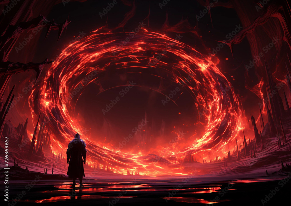 Fantasy Art of a Rogue or Assassin Standing Before a Fiery Red Portal - obrazy, fototapety, plakaty 