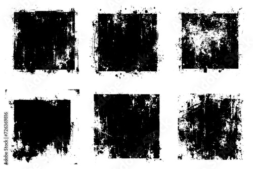 Set of 6 black grunge scatter rough overlay textures. Distressed backgrounds. 