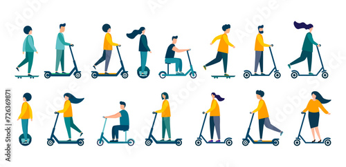 People ride scooters. Modern illustration. Flat vector. Isolated on white background.