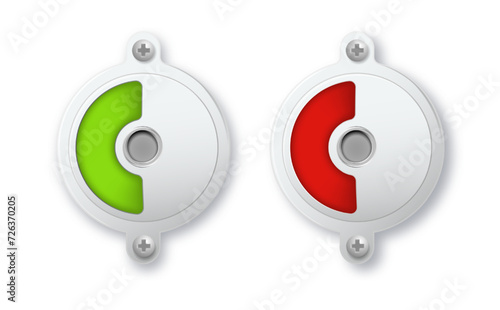 Toilet or restroom locks green and red round metal isolated on white. Occupied and Free. Regular public restroom door mechanism indicating. Vector