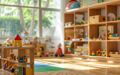 Montessori early education. Kindergarten, preschool classroom interior with wooden furniture, educational material, wooden educational toys.