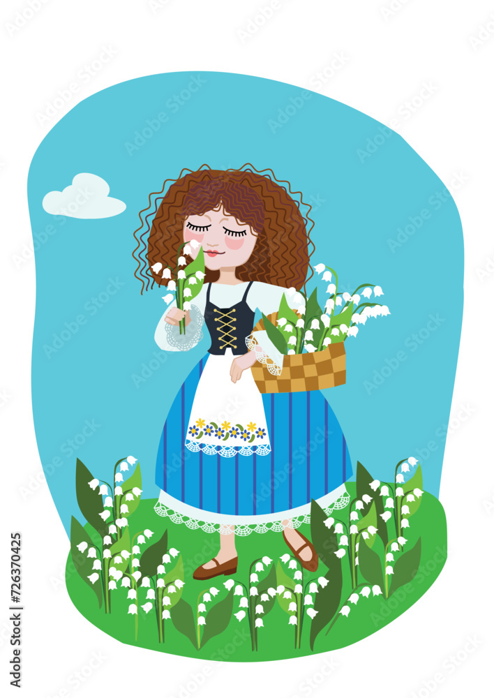 A girl in a folk European costume with a bouquet of lilies of the valley on the lawn.