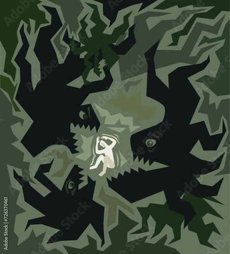 Panic attacks concept with depressed person on dark green background. Vector illustration photo