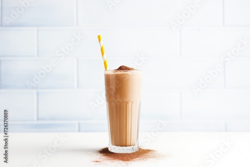 blended chocolate milkshake in tall glass with straw