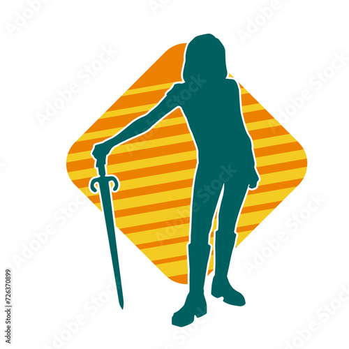 Silhouette of a female fighter in action pose carrying sword weapon.