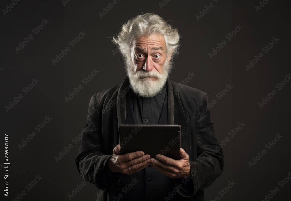 Elderly man with a beard engages with modern technology, using a tablet against a black backdrop, symbolizing the intersection of age and digital connectivity in the contemporary era.Generated image Elderly man with a beard engages with modern technology, using a tablet against a black backdrop, symbolizing the intersection of age and digital connectivity in the contemporary era.Generated image