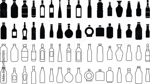Set of Water bottle icons in flat Styles. Container water bottle signs editable stock. Alcohol Beverage Bar Drink Concept. Glass beer shapes symbols. Vectors images isolated on transparent background.