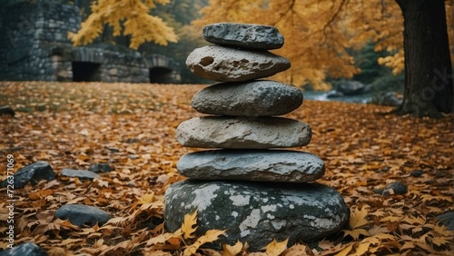 Stone tower in autumn. Stones Balance, Natural stones under the autumn leafs. generative, ai.