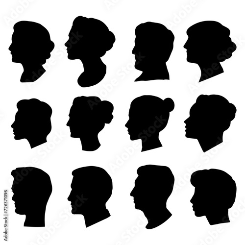 Set of silhouettes of people's heads. Vector silhouettes of women and men depicted in profile. Isolated background EPS 10.