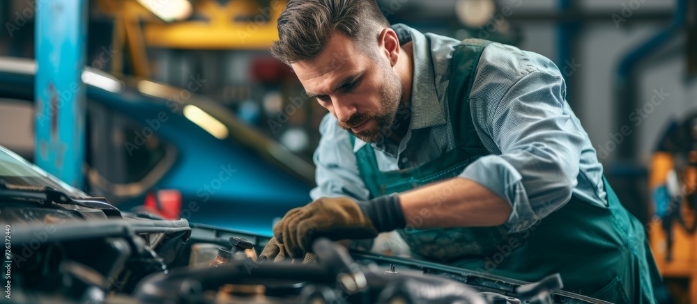 Mechanic in their middle age working at an auto repair shop. Mechanic in their middle age working at an auto repair shop.