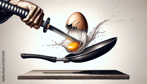A katana blade striking an egg, causing it to crack open directly above a frying pan, with the egg's contents beginning to spill into the pan for cooking photo