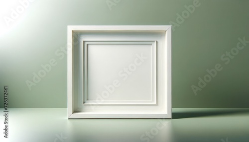 A simple, understated decorative picture frame against a soft green background, with the frame itself in white