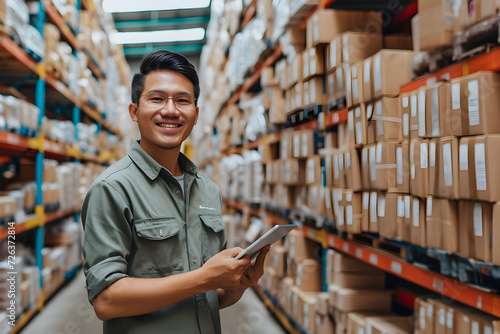 Asian man wearing glasses smiling holding a tablet and checking the stock and supplies in a warehouse working