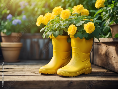Gardening background with flower pots, colorful flowers, yellow rubber boots in sunny spring or summer garden