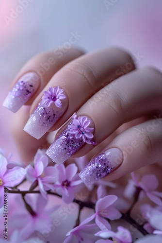 nail art of light purple and ecru gradient geometric pattern