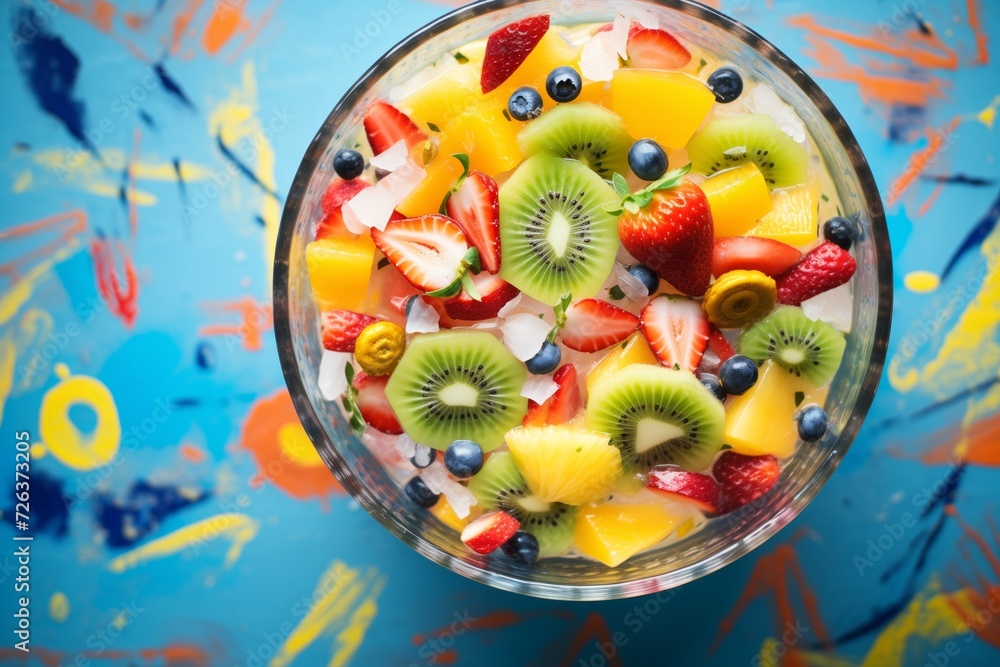 a close-up image of a fresh, colorful fruit salad in a bowl