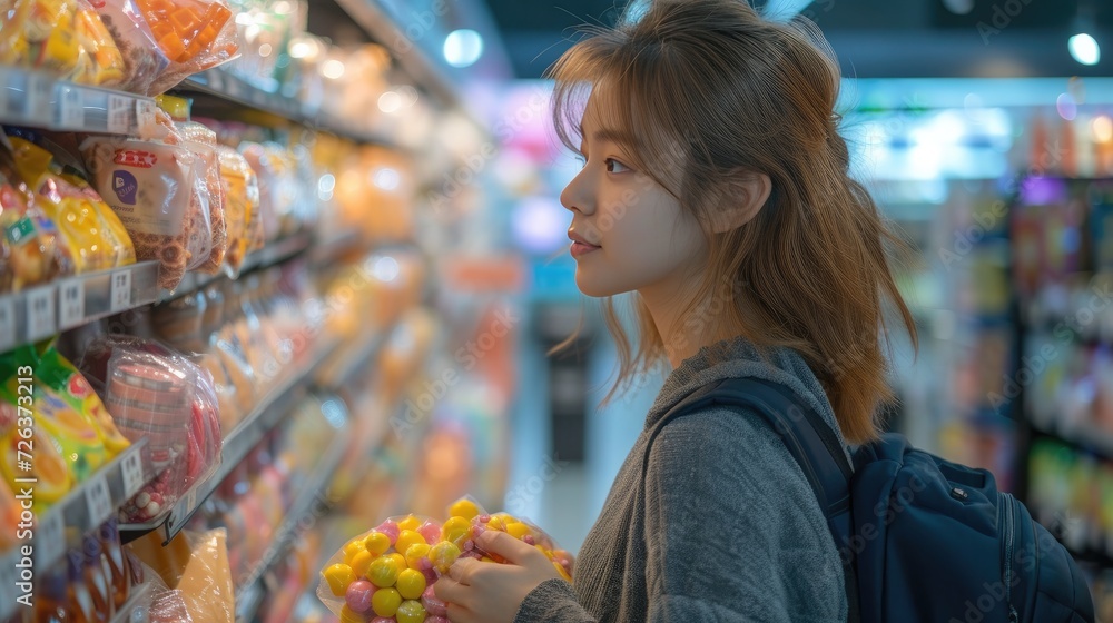an beauty buying sweets in the supermarket