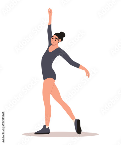 Ballerina or Dancer Works in the Dance Hall. Woman Exercising. Sports Activity.  Vector Illustration in Flat Cartoon Style.