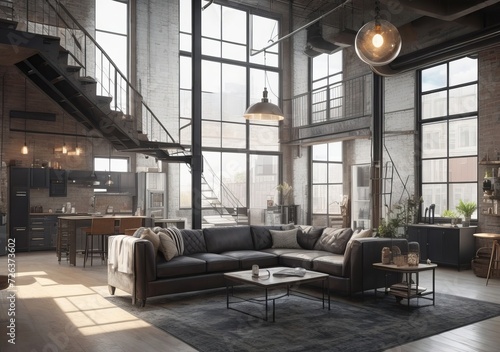 Industrial Style Living Room With Armchair, Corner Sofa, Brick Wall And Pendant Lights 