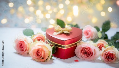 Red and gold heart shaped gift box surrounded by festive lights and roses. Valentine s Day romantic present photo concept.