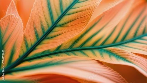 Trendy peach leaf texture, close up. Abstract macro apricot leaves creative background. Concept color of the year 2024 Peach Fuzz. generative, ai.