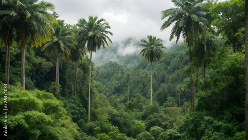 rainforest, distant view, rainy weather photo of palm trees and jungle © Anna