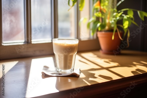 sunlit latte on a windowsill with plant shadows
