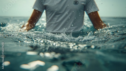 white tshirt in the water with bubbles coming up to the surface, in the style of accurate and detailed, blue, wimmelbilder, photo