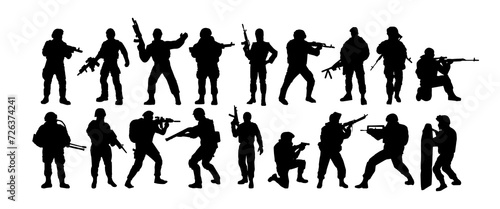 Silhouettes of soldiers. Special forces, armed military. A soldier stands guard, Rangers at the border. Vector isolated background.